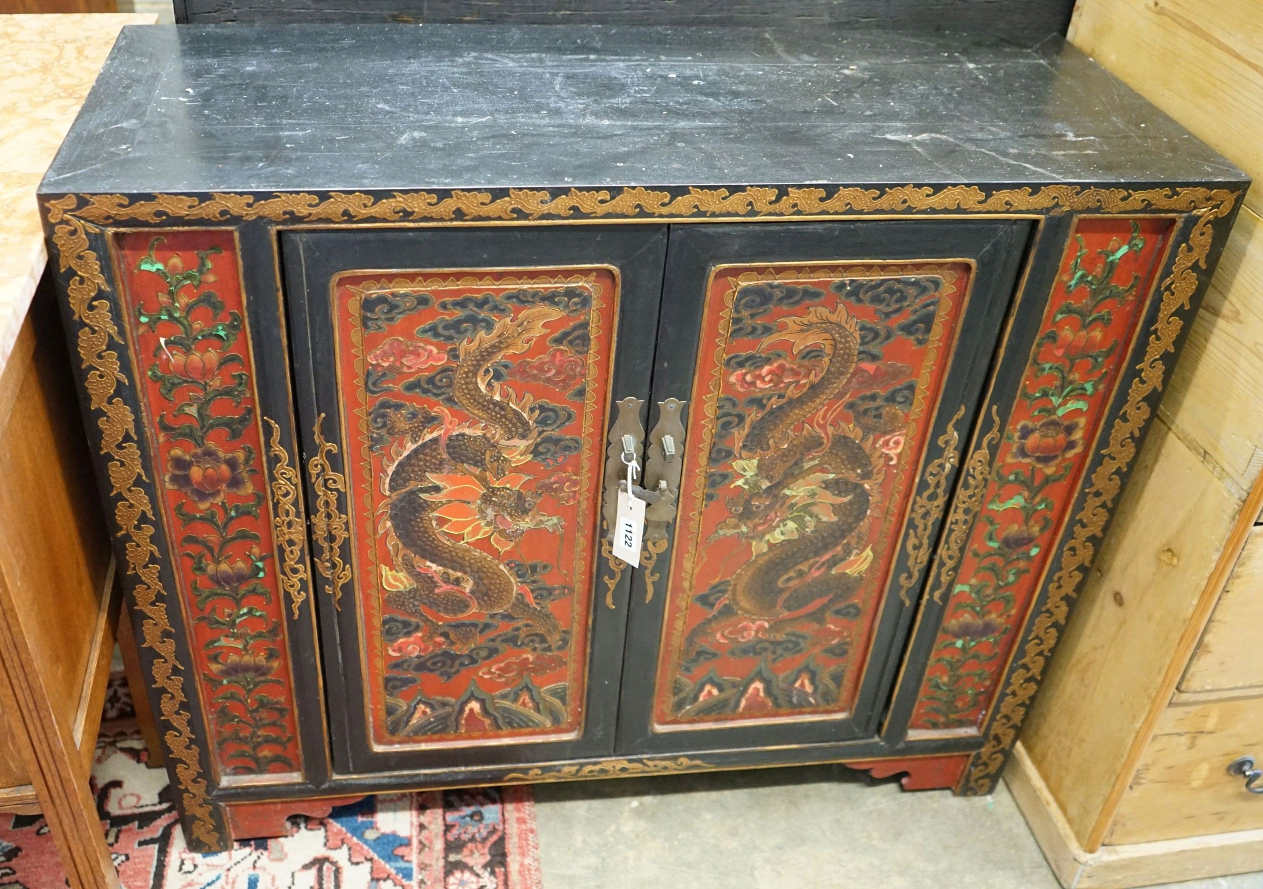 A Chinese lacquer two door side cabinet, width 100cm, depth 38cm, height 86cm
